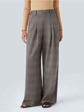 Halara High Waisted Wide Leg Brown Plaid Houndstooth Plaid Casual Pants NWT XLT